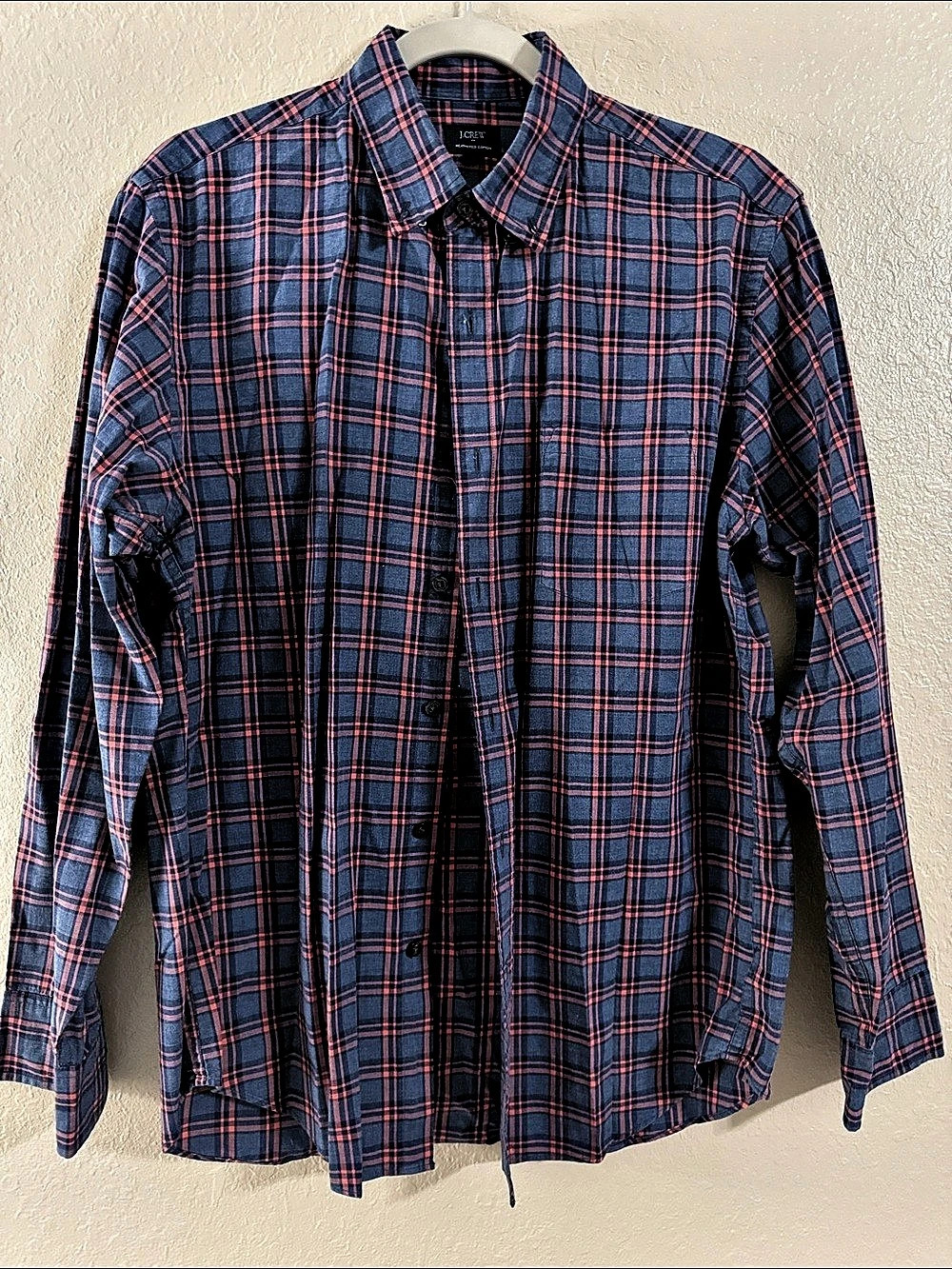 J.Crew Heathered Cotton Plaid Button-Down Shirt Blue & Red Medium